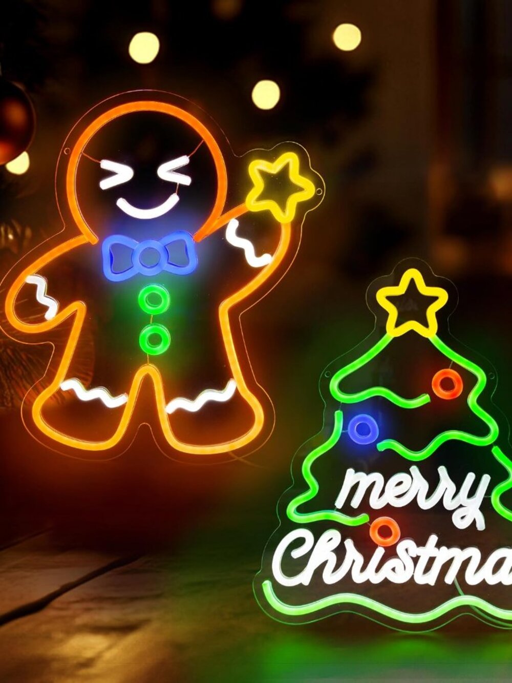 NEW 2 Piece Gingerbread Man Christmas Tree LED Neon Sign Set USB Dimmable